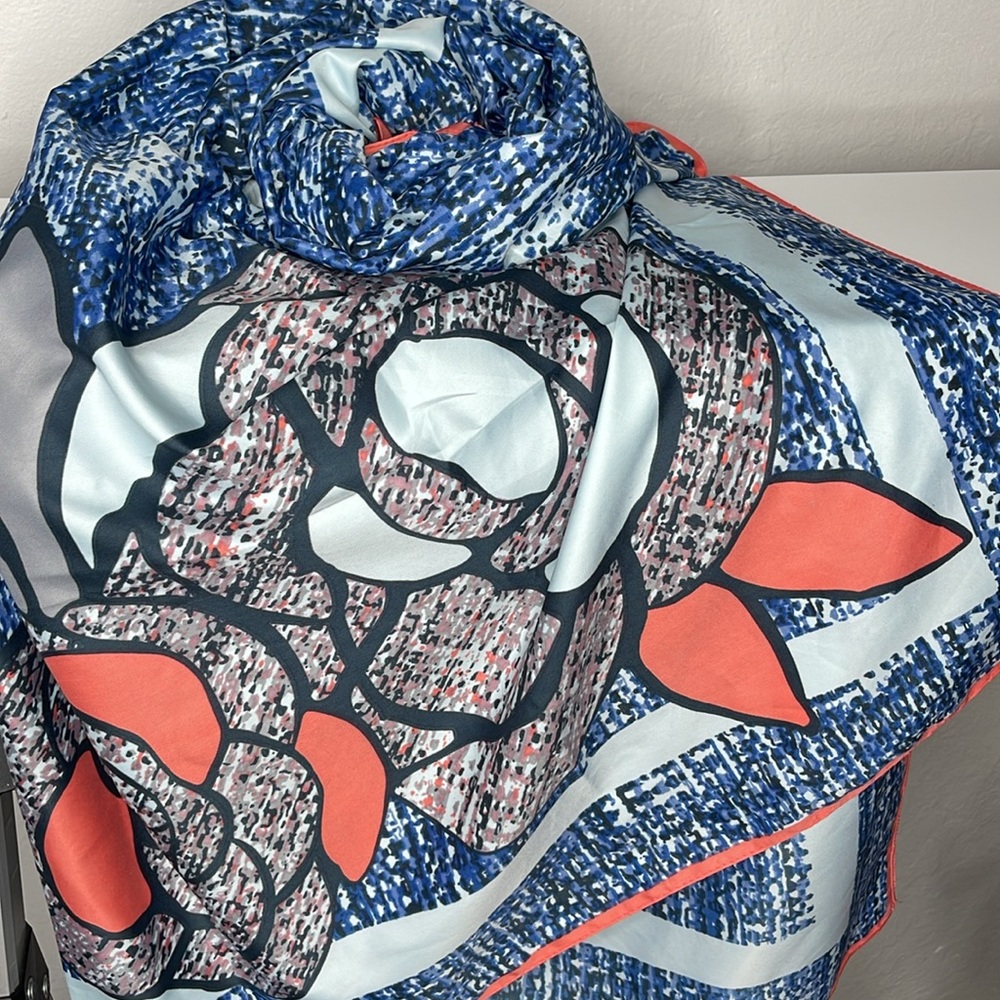 100% Silk Oversized Denim-Like Pattern w/ Flower Scarf -Blues, Grays & Coral